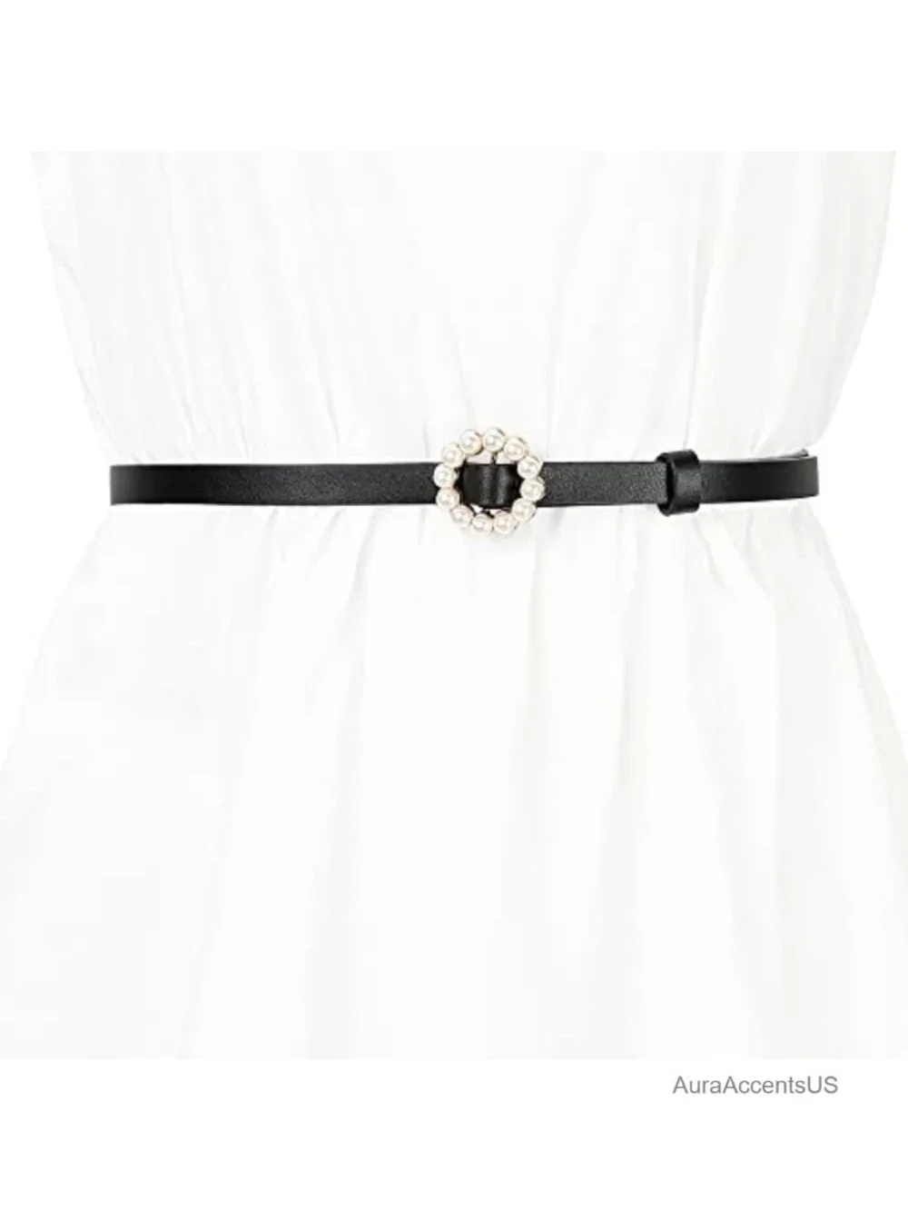 Faux Leather Pearl Circle Buckle Adjustable Belt